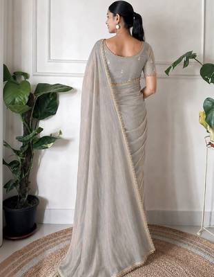 grey floral embroidered pure chiffon tussar saree 2