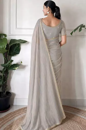 grey floral embroidered pure chiffon tussar saree