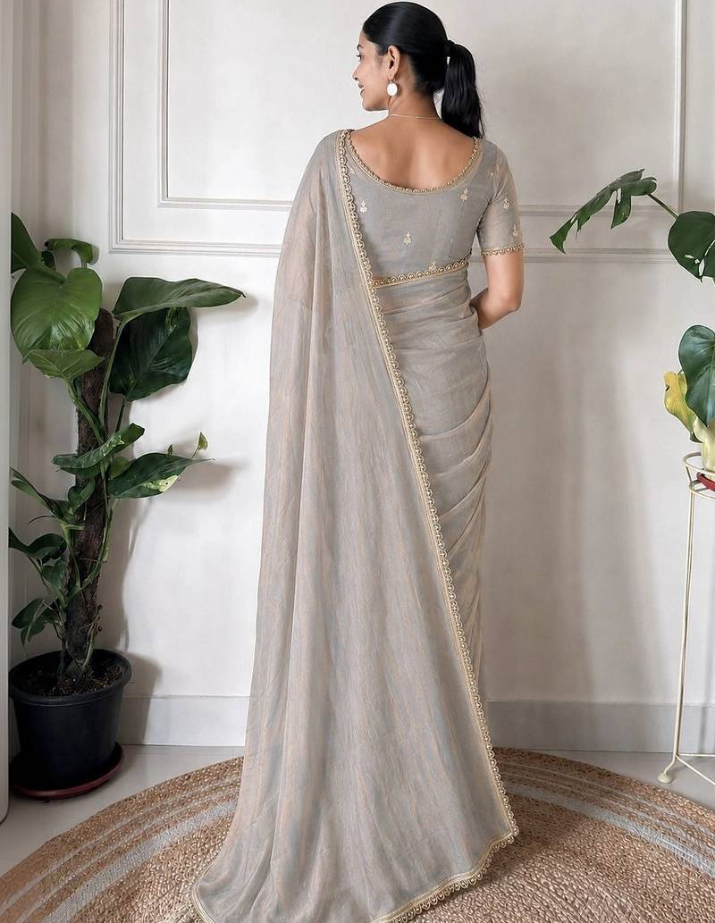 grey floral embroidered pure chiffon tussar saree