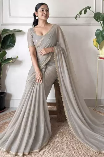 grey floral embroidered pure chiffon tussar saree