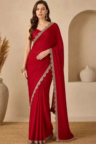 Red floral embroidered poly georgette designer dabu saree
