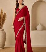 Red floral embroidered poly georgette designer dabu saree