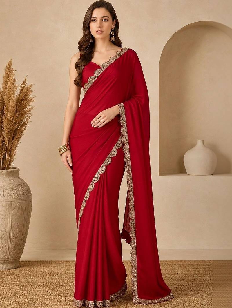 Red floral embroidered poly georgette designer dabu saree