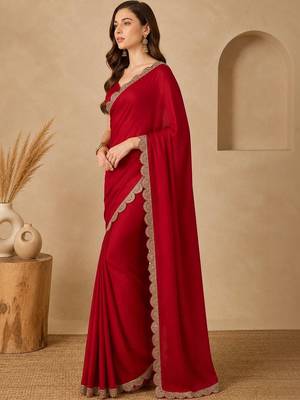 Red floral embroidered poly georgette designer dabu saree 2