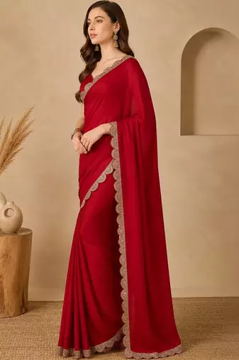 Red floral embroidered poly georgette designer dabu saree