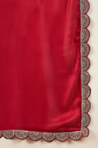 Red floral embroidered poly georgette designer dabu saree