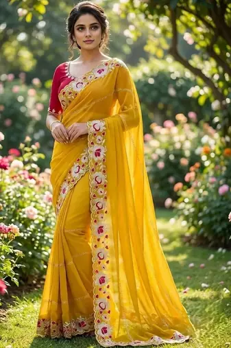 Yellow floral embroidered poly georgette heavy work saree