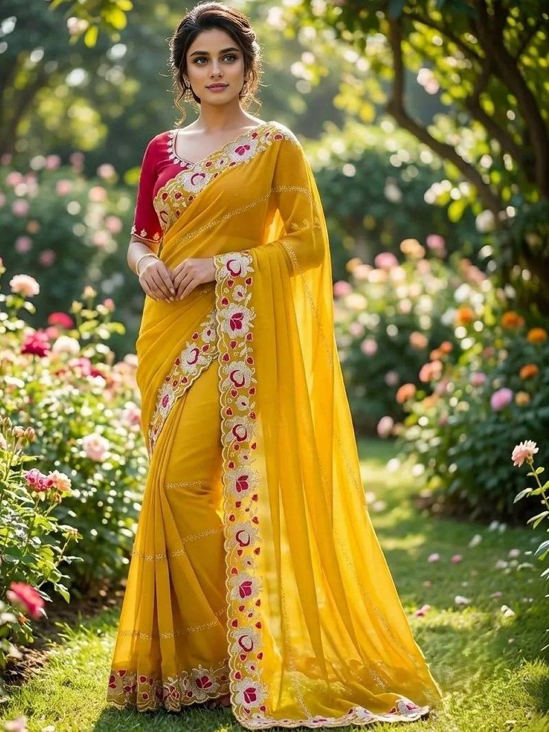 Yellow floral embroidered poly georgette heavy work saree