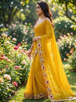 Yellow floral embroidered poly georgette heavy work saree 2