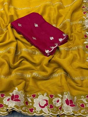 Yellow floral embroidered poly georgette heavy work saree 3