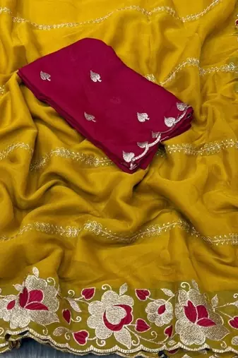 Yellow floral embroidered poly georgette heavy work saree