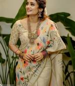 Cream floral printed tissue jamdani saree