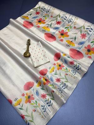 Cream floral printed tissue jamdani saree 3