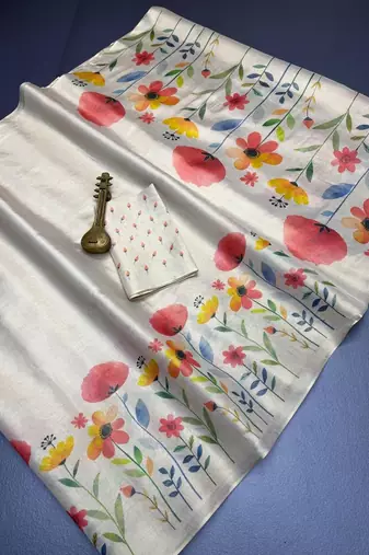 Cream floral printed tissue jamdani saree