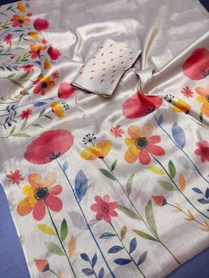 Cream floral printed tissue jamdani saree 4