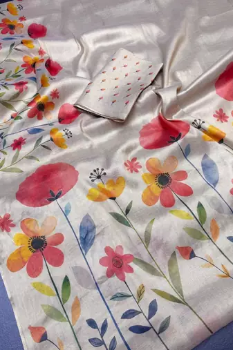 Cream floral printed tissue jamdani saree