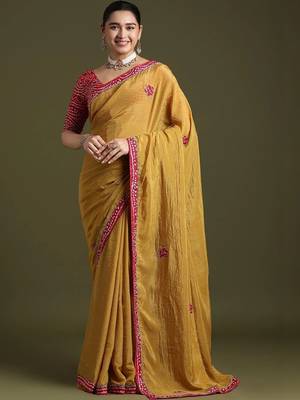 Mustard floral embroidered tissue designer saree 1