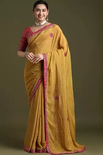 Mustard floral embroidered tissue designer saree