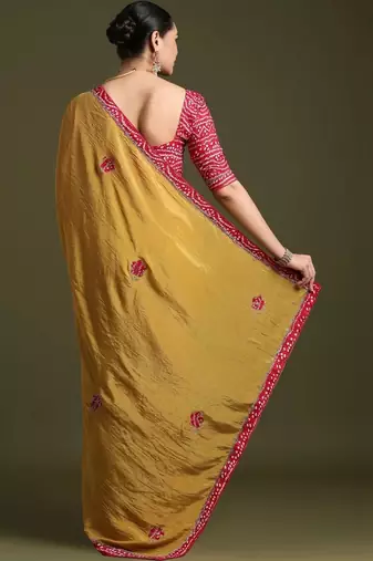 Mustard floral embroidered tissue designer saree