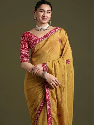 Mustard floral embroidered tissue designer saree 3