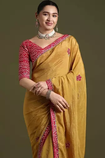 Mustard floral embroidered tissue designer saree