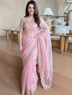 pink ethnic motifs embroidered satin saree 1