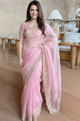 pink ethnic motifs embroidered satin saree