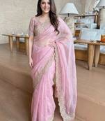 pink ethnic motifs embroidered satin saree