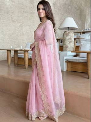 pink ethnic motifs embroidered satin saree 2