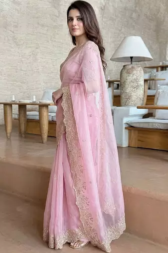 pink ethnic motifs embroidered satin saree