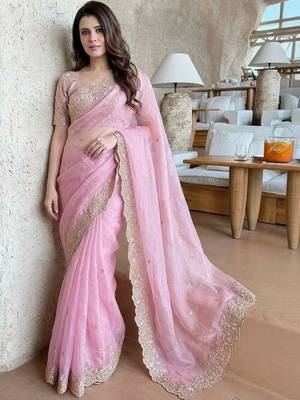 pink ethnic motifs embroidered satin saree 3