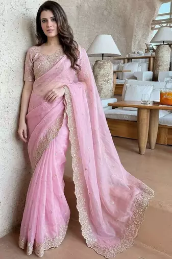 pink ethnic motifs embroidered satin saree
