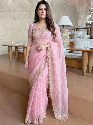 pink ethnic motifs embroidered satin saree 4