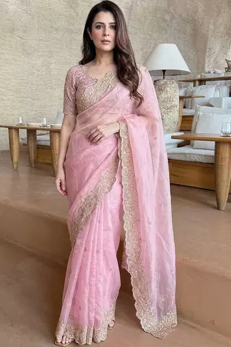 pink ethnic motifs embroidered satin saree