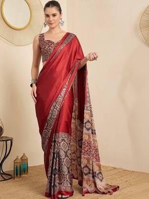 maroon kalamkari block print ready to wear saree 1