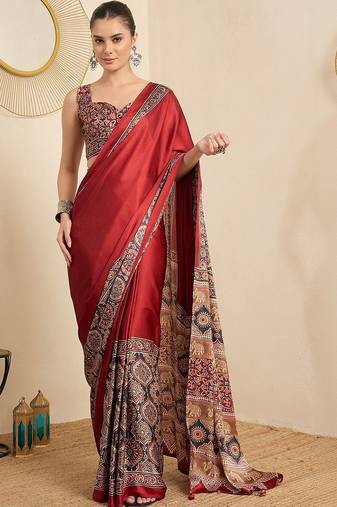 maroon kalamkari block print ready to wear saree