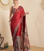 maroon kalamkari block print ready to wear saree