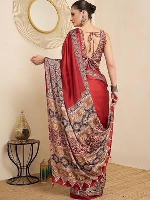 maroon kalamkari block print ready to wear saree 2