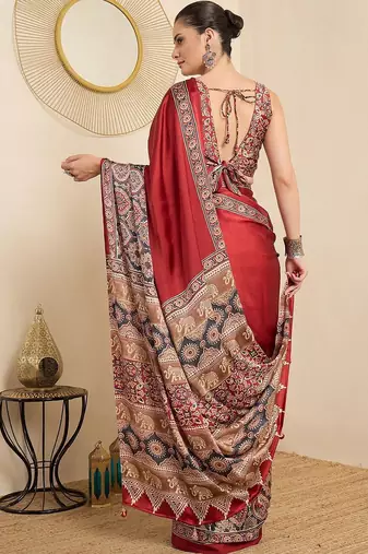 maroon kalamkari block print ready to wear saree