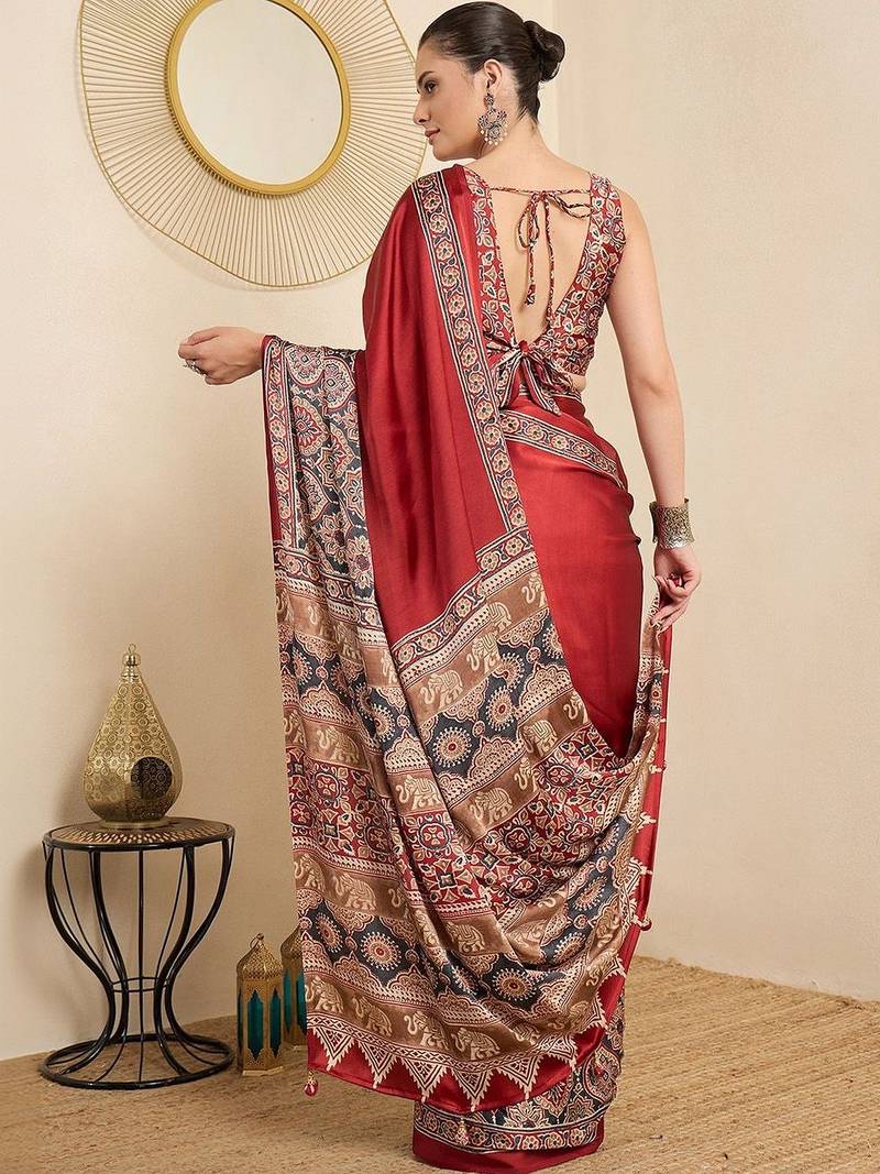 maroon kalamkari block print ready to wear saree