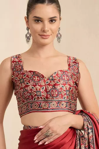 maroon kalamkari block print ready to wear saree