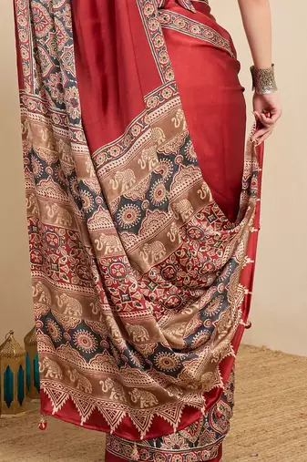 maroon kalamkari block print ready to wear saree