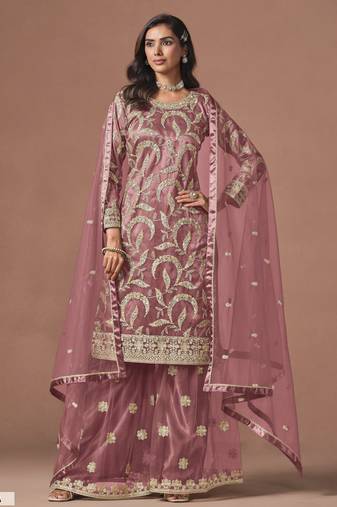 Mauve Pink Embroidered Designer Sharara Suit