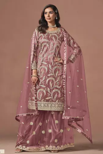 Mauve Pink Embroidered Designer Sharara Suit