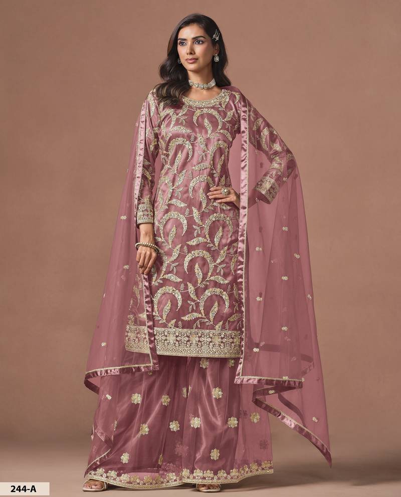 Mauve Pink Embroidered Designer Sharara Suit