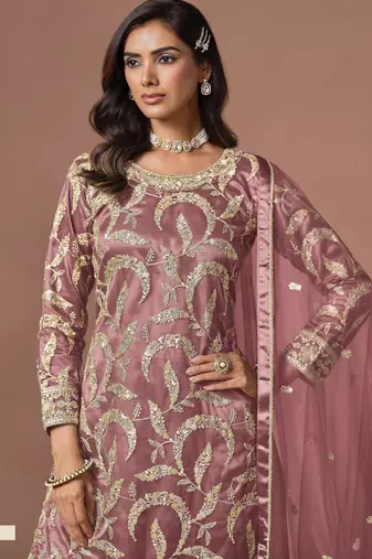 Mauve Pink Embroidered Designer Sharara Suit