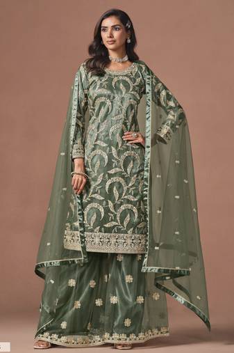 Olive Green Embroidered Designer Semi Stitched Sharara Suit
