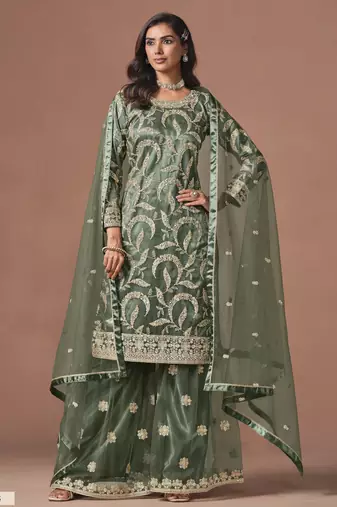 Olive Green Embroidered Designer Semi Stitched Sharara Suit