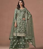 Olive Green Embroidered Designer Semi Stitched Sharara Suit