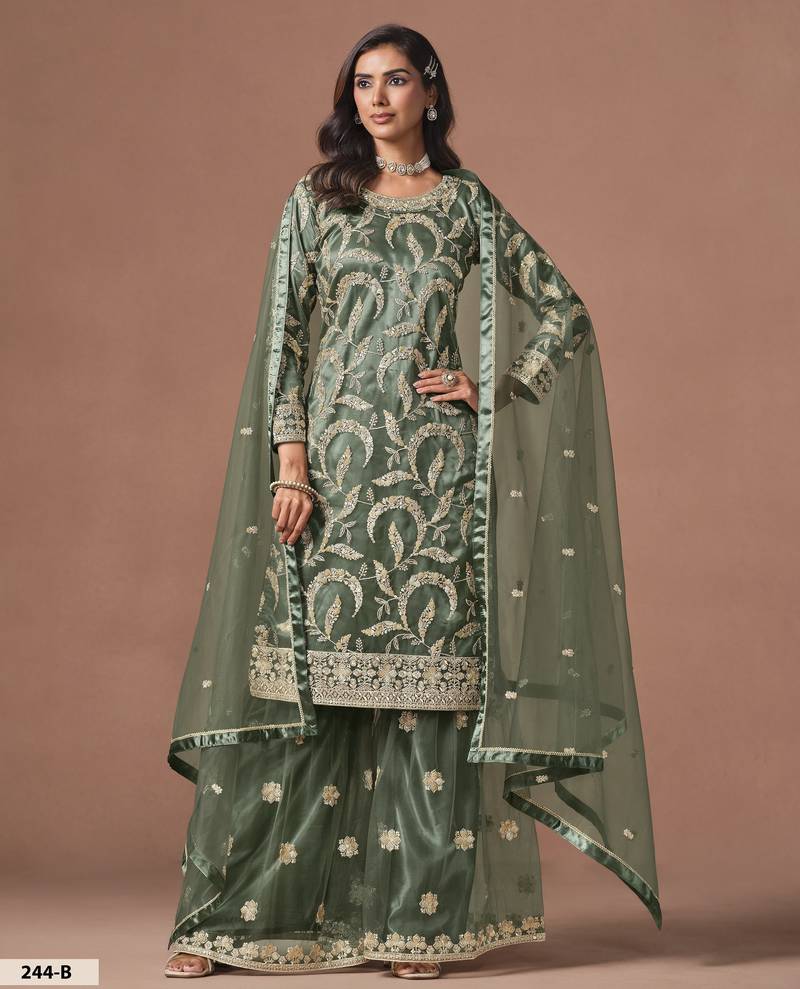 Olive Green Embroidered Designer Semi Stitched Sharara Suit